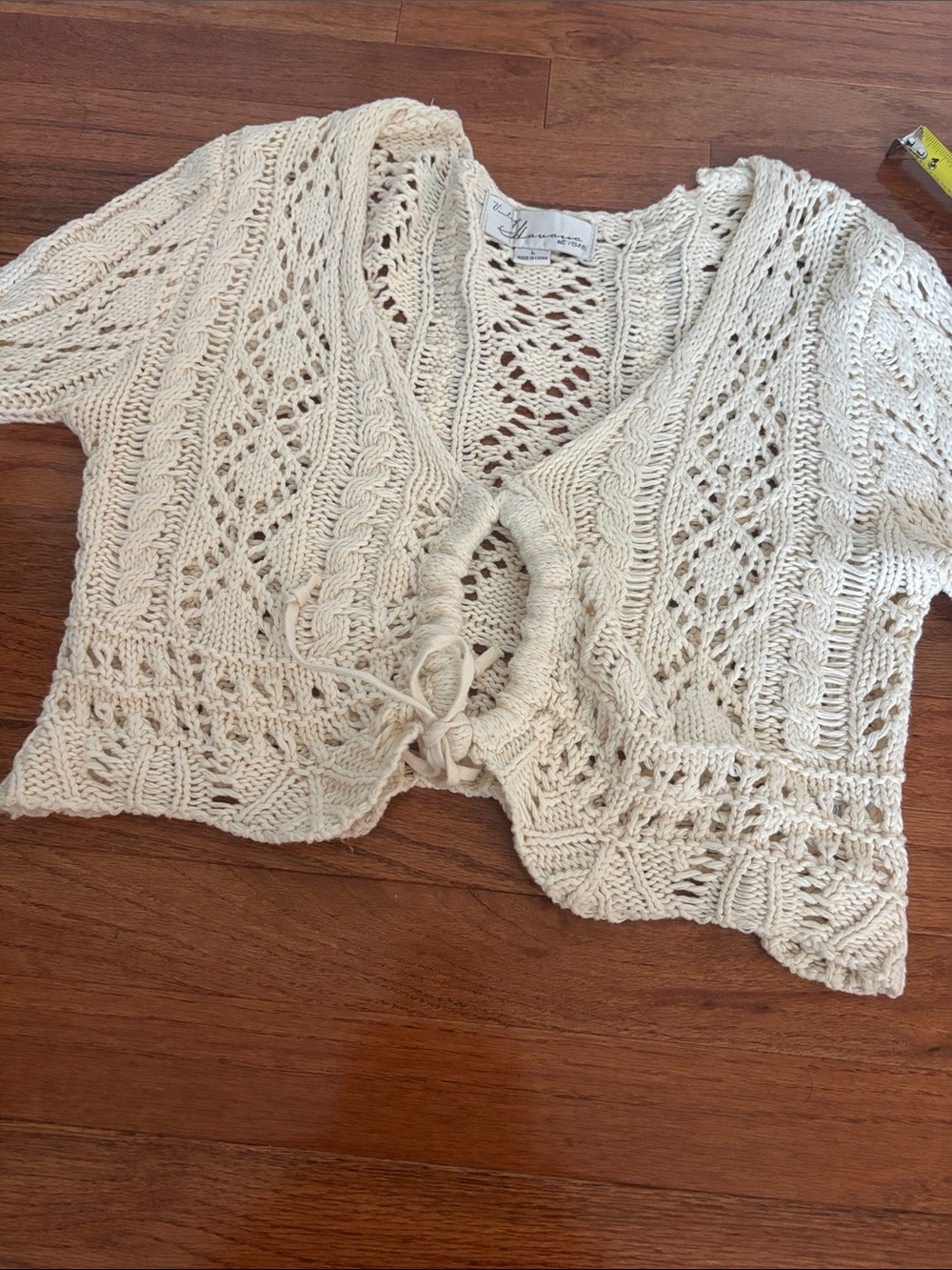 Vintage Havana Cream Crochet Front Tie Long Sleeve Sweater Women’s Size Large - Picture 6 of 8